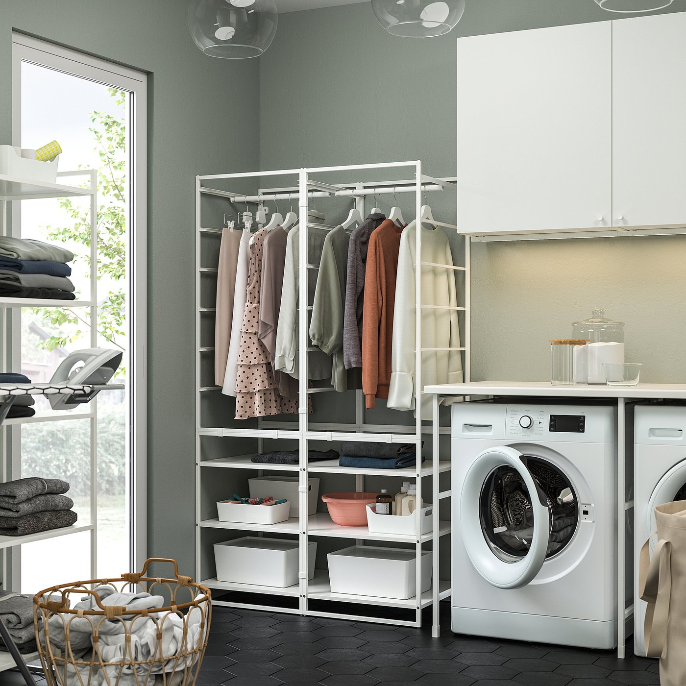 White metal clothes rack with shelves in laundry room.