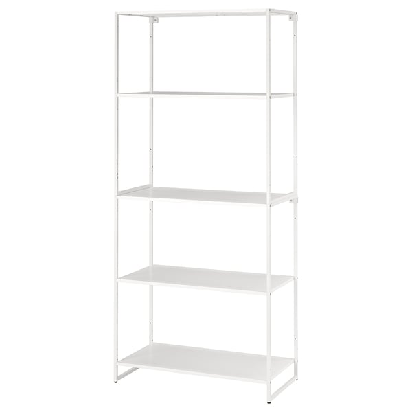 A white JOSTEIN metal shelving unit with four empty shelves, suitable for both indoor and outdoor use.