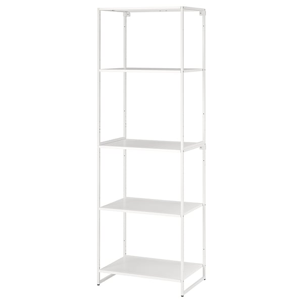 A JOSTEIN white metal shelving unit with four shelves. Its designed for indoor and outdoor use, resistant to moisture.