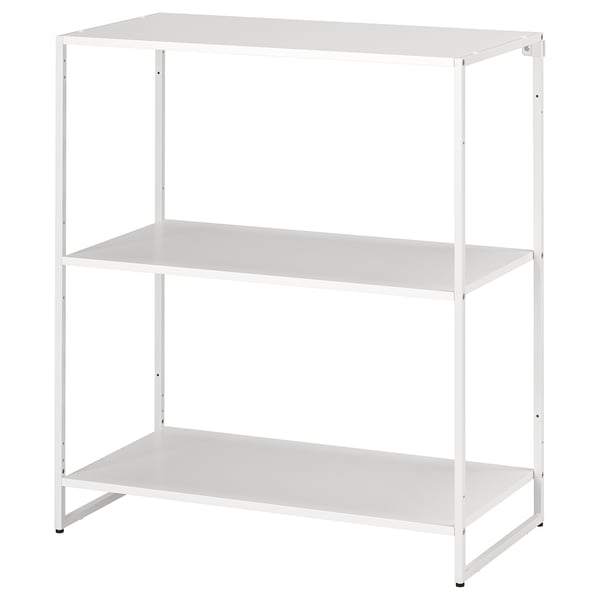 A JOSTEIN white metal storage shelf with three empty shelves. It’s designed for indoor and outdoor use, made of durable steel.