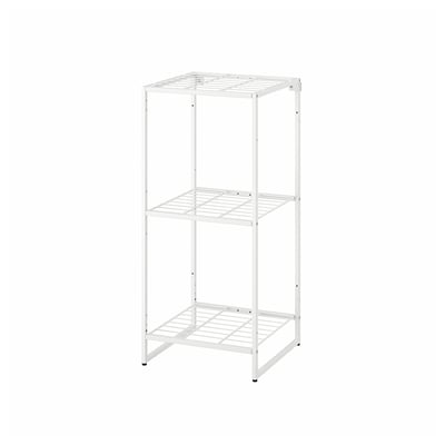 A white, three-tiered JOSTEIN metal storage shelf. Its rectangular with a simple industrial design, perfect for small spaces.