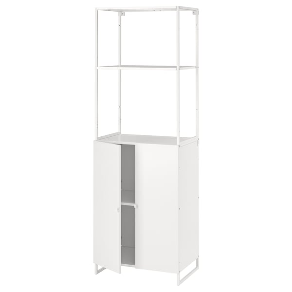 White JOSTEIN storage unit with open shelves and door.