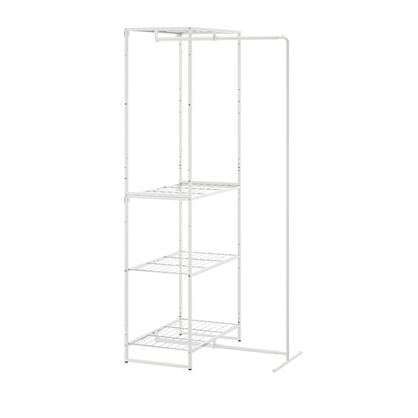 The JOSTEIN, white metal storage rack with three shelves and a hanging bar, perfect for indoor and outdoor use.