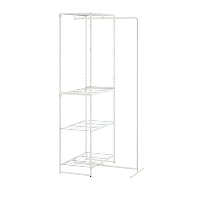 The JOSTEIN, white metal storage rack with three shelves and a hanging bar, perfect for indoor and outdoor use.