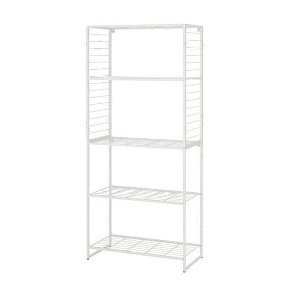 JOSTEIN white metal shelving unit, four tiers, outdoor/indoor use, rust-resistant, simple design.