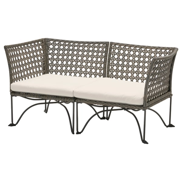 JUTHOLMEN outdoor sofa, grey wicker, white cushion, modular design.