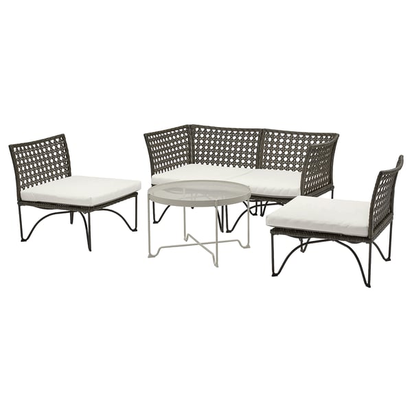JUTHOLMEN outdoor furniture set: brown & white, corner sofa, 2 armchairs, coffee table, woven rattan design.