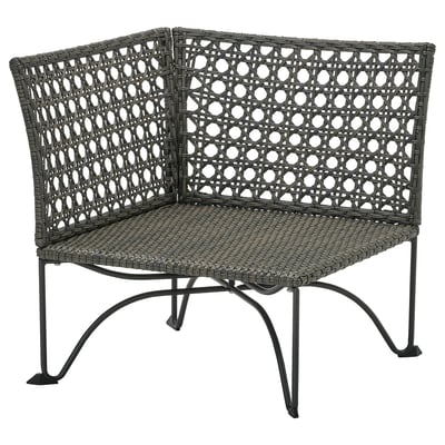 JUTHOLMEN grey outdoor chair, wicker design, black metal legs.