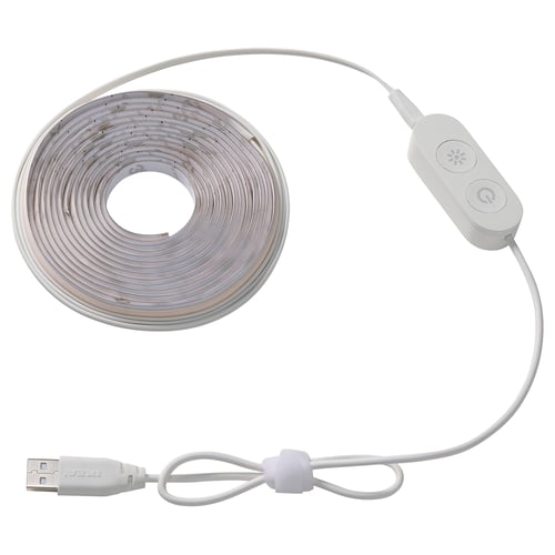 Coil of KABBLEKA led lights. Usb powered, white with plastic control box. Adjustable length, self-adhesive.