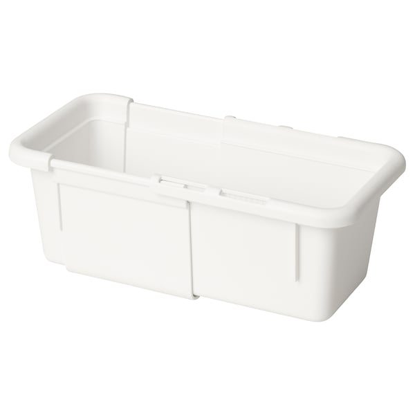 A white KACKLA storage box, made of polypropylene plastic, rectangular in shape, designed to be extendable.
