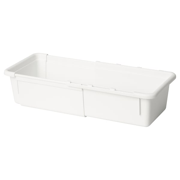 White extendable plastic storage box, rectangular shape, no lid.