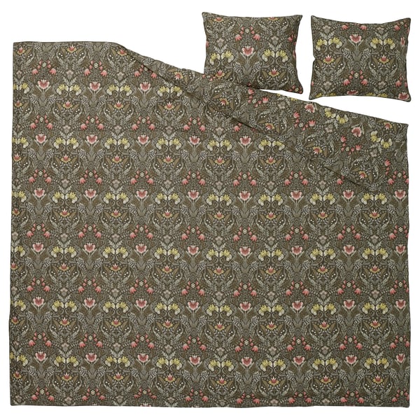 KÄRRDUNÖRT bedding in dark green and floral design, made from cotton and lyocell, including a duvet cover and two pillowcases.