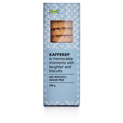 A light blue box of KAFFEREP sugar-free oat biscuits, featuring a window displaying the biscuits inside.