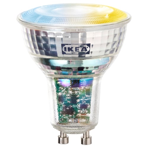 Ikea KAJPLATS bulb, clear glass body, colorful spectrum top, metal base.