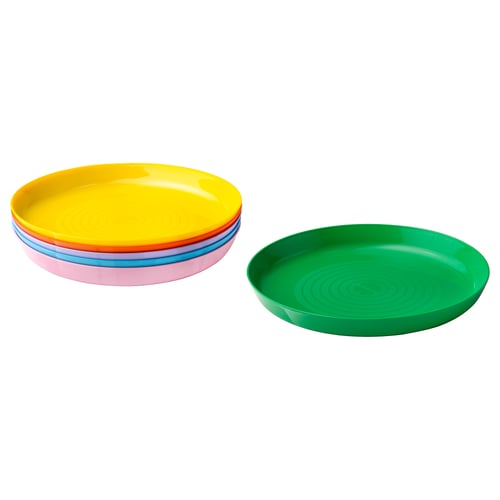 KALAS colourful plastic plates: yellow, orange, pink and green; circular shape, stackable design.