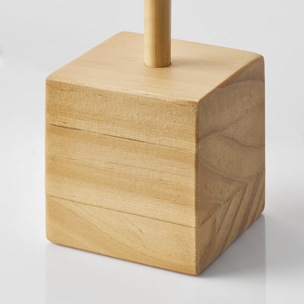 Square wooden base with slender metal pole, finely crafted and polished.