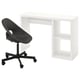 A KALLAX desk in white and a black swivel chair. The desk is minimalist with open shelves. The chair has a black seat and base with wheels.