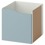 KALLAX blue storage bin, light wooden back, square shape, open top, light blue front panel.
