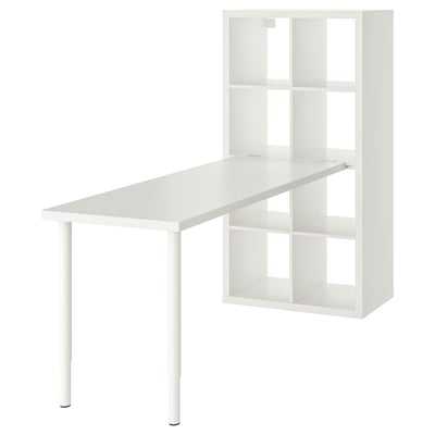 White KALLAX storage unit with desk combo, rectangular, modern design.
