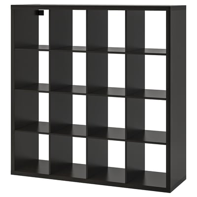 A black ikea KALLAX shelving unit with a modular cube design, ideal for storage and organization.