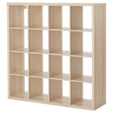 Wooden KALLAX shelving unit with cube compartments, modern minimalist design.