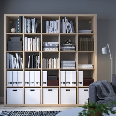 Bookshelf KALLAX, light wood, rectangular shape, open and closed storage, tall, fits various items, creates room division.