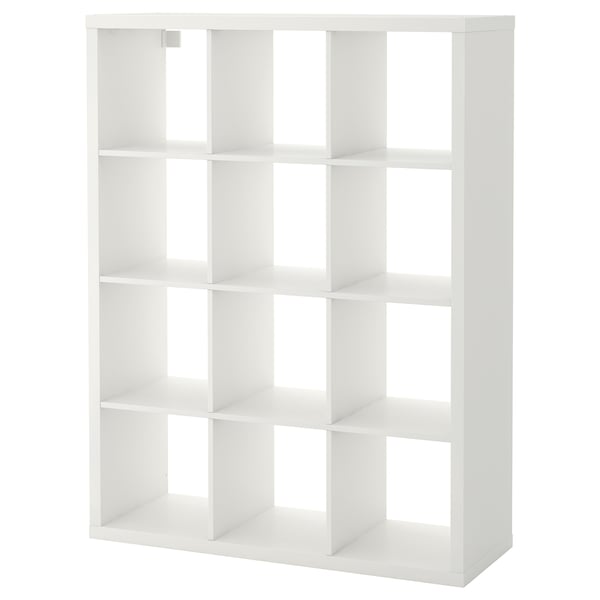 A white KALLAX shelf unit, rectangular with multiple open cubes.