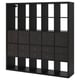 Empty black KALLAX unit with shelves and drawers in grid pattern.