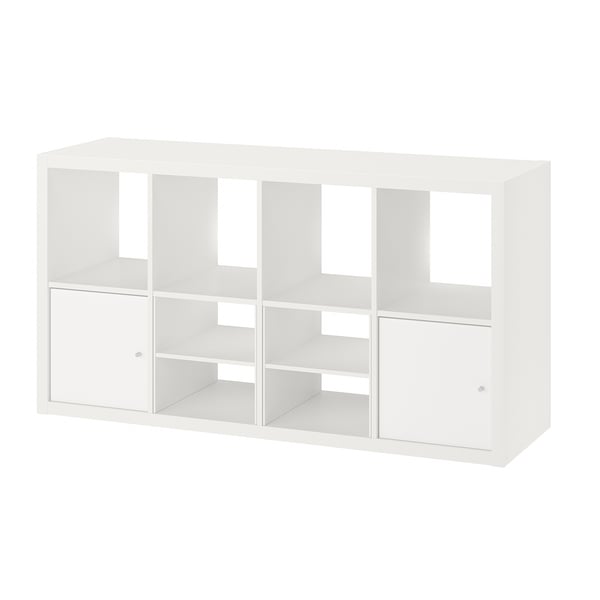 White KALLAX shelving unit, cube-shaped with multiple compartments, including closed sections with doors, perfect for storage and organization.