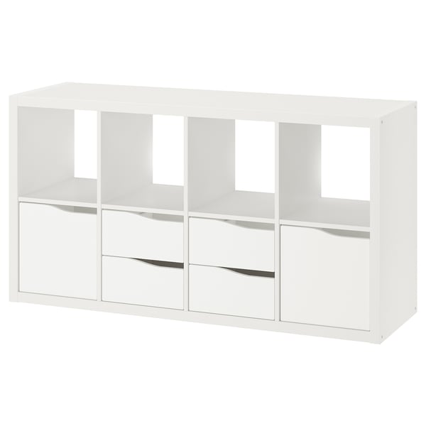 KALLAX white shelf unit: 6 cubes, 3 with drawers, modern design.