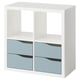 A white KALLAX storage unit with four light blue drawers. It has a square, modular design ideal for organising and storing items neatly.