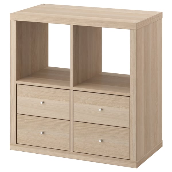 Wooden KALLAX shelf with 4 drawers, mix of open & closed storage, rectangular, natural finish.