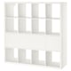 A white KALLAX storage unit with multiple cubes, combination of shelves and drawers, clean modern design.
