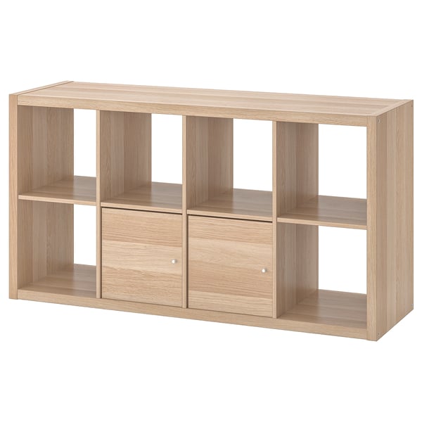 Light wood-colored KALLAX shelving unit with 6 cubes, 4 open, 2 with doors.