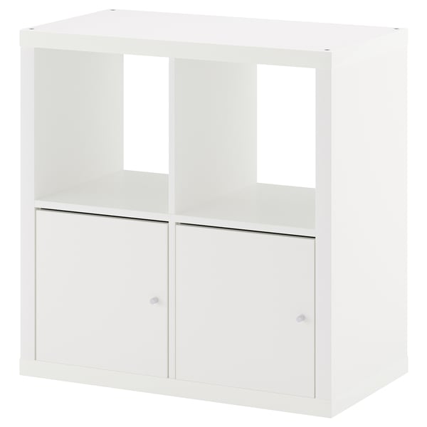 KALLAX white storage unit with open & closed compartments.