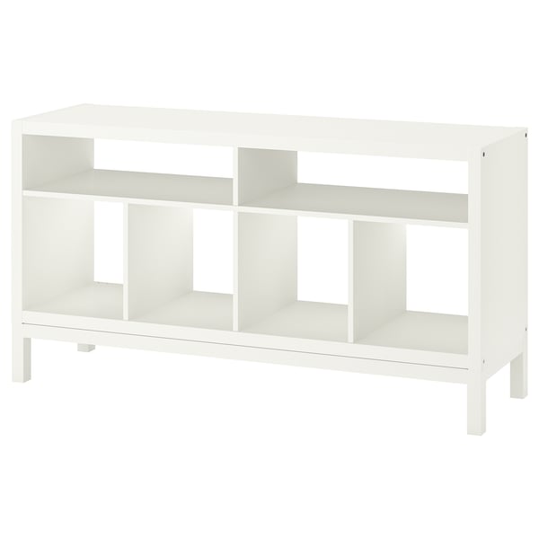White KALLAX tv bench, multiple compartments, sleek design.