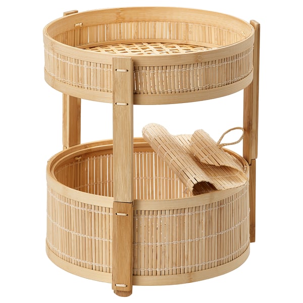 A KANELMOTT 2-tier bamboo fruit basket, natural and breathable, ideal for kitchen countertops.