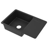 KILSVIKEN black sink. Rectangular, single basin with cutout and drainer. Made of quartz with non-porous, stain-resistant surface.