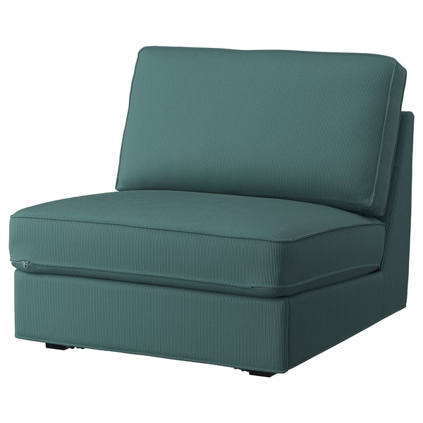 Teal KIVIK sofa-bed, modern design, curved shape, striped fabric.