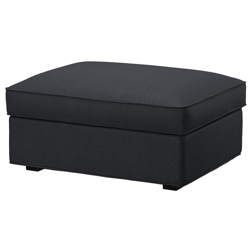 A KIVIK footstool in dark grey fabric with a storage compartment. It a square shape and plush cushioned design.