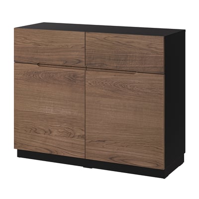 KLACKENÄS sideboard. Dark wood finish, black frame. Rectangular, four-door design.