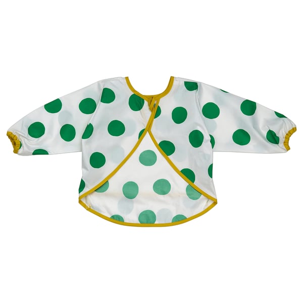KLADDIG bib, green polka dot, adjustable, long sleeves, front pocket, cosy and protective.