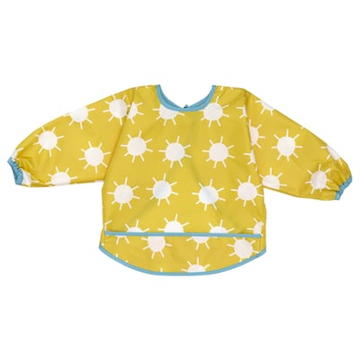A yellow sun-patterned childrens bib with long sleeves and blue trim, made from polyester.