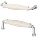 Two white porcelain-like handles with chrome accents, ideal for kitchen cabinets, blending traditional charm with modern utility.