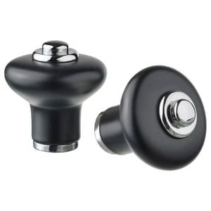 KLINGSTORP black knobs, matte porcelain-like finish, rounded shape with chrome accents.