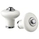 Porcelain knobs with chrome, top & side views, rounded grip.