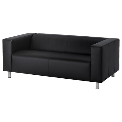 Black leather sofa, modern design, smooth lines, sturdy metal legs, compact size.