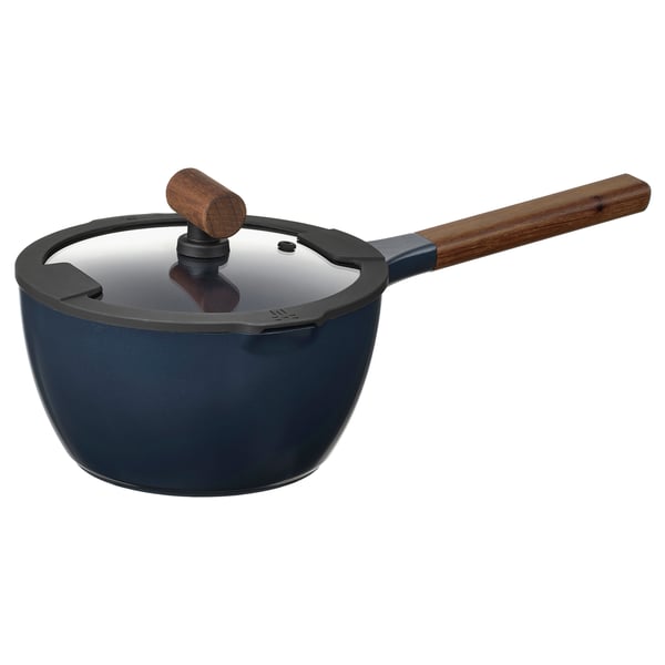 KLIPPFISK saucepan, dark blue, cast aluminium, wooden handle, glass lid, modern design.