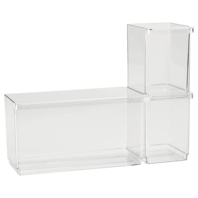 Two clear acrylic storage boxes, rectangular and square, stacked neatly. Modern design for fridge organisation.