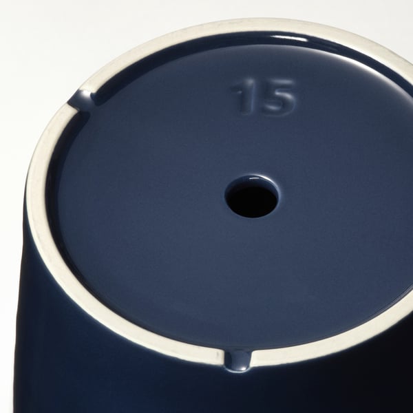 Blue pottery, white rim, size 15, drainage hole, quality craftsmanship.